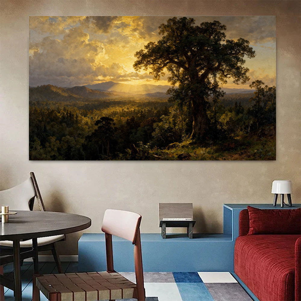 Golden Evening Oak canvas wall art, colorful room mockup.