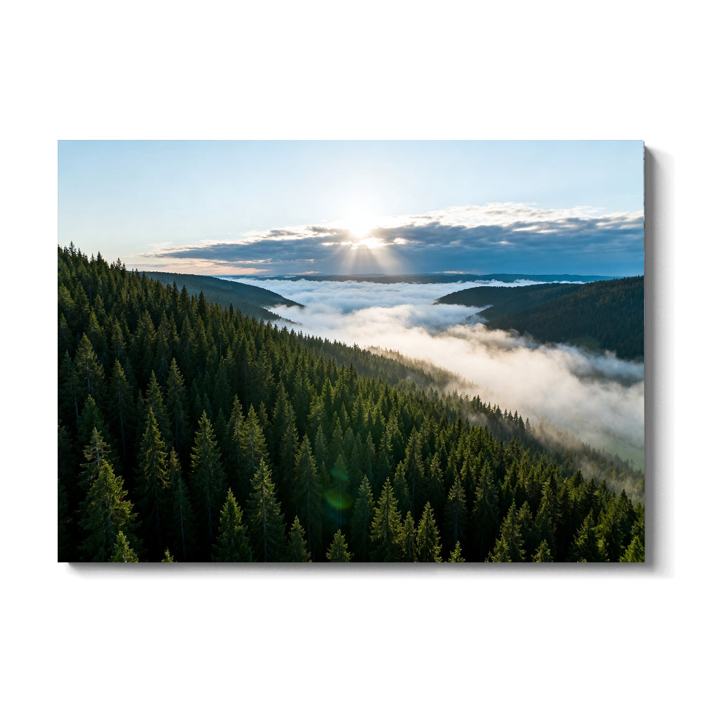 Evergreen Cloud Valley canvas wall art, front view on a white background.