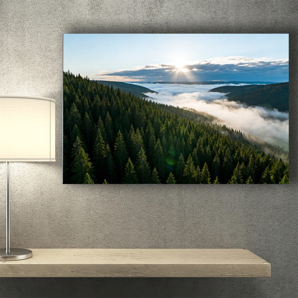 Evergreen Cloud Valley canvas wall art, wall mockup above a console.