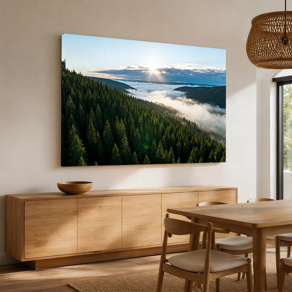 Evergreen Cloud Valley canvas wall art, angled mockup above a sideboard.