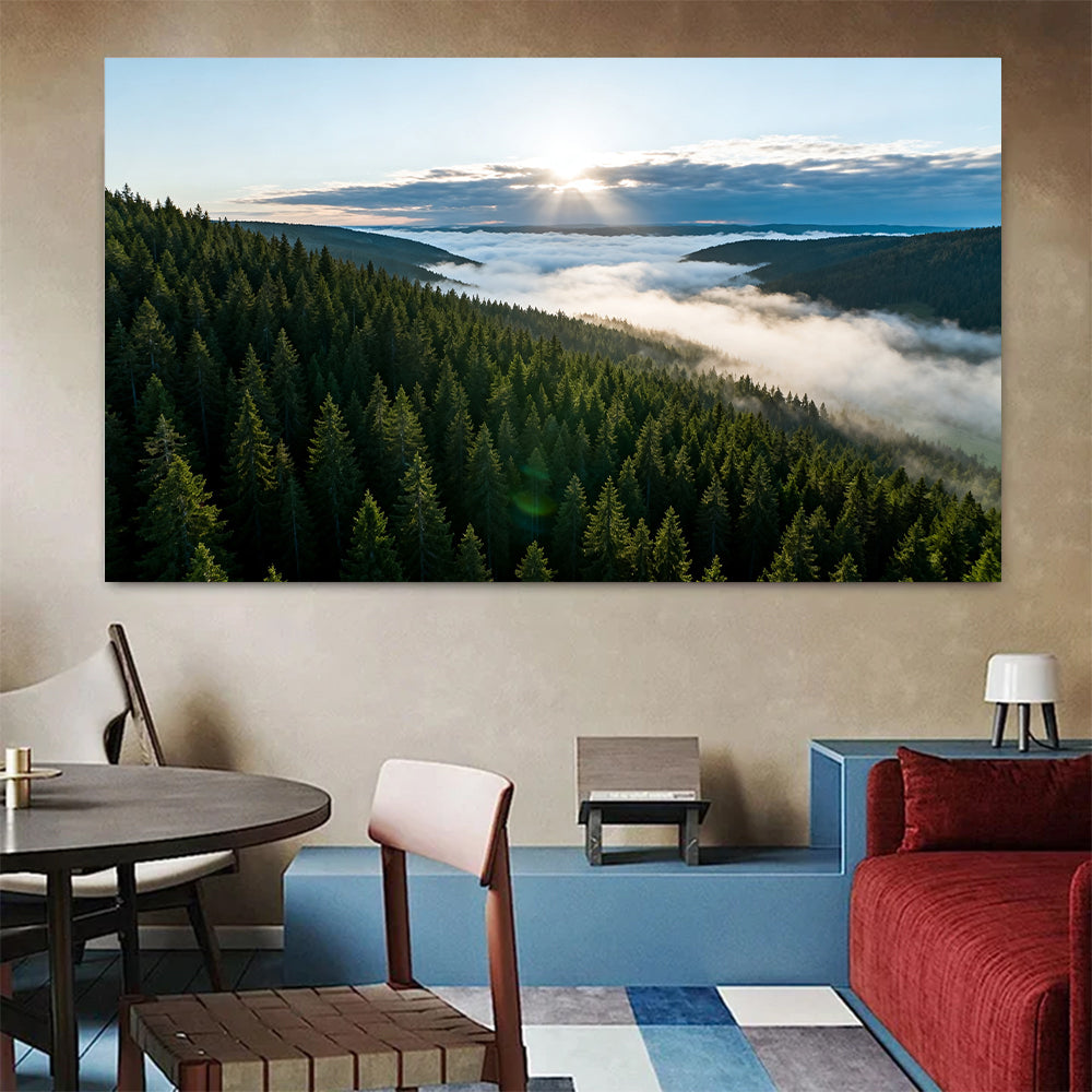 Evergreen Cloud Valley canvas wall art, colorful room mockup.