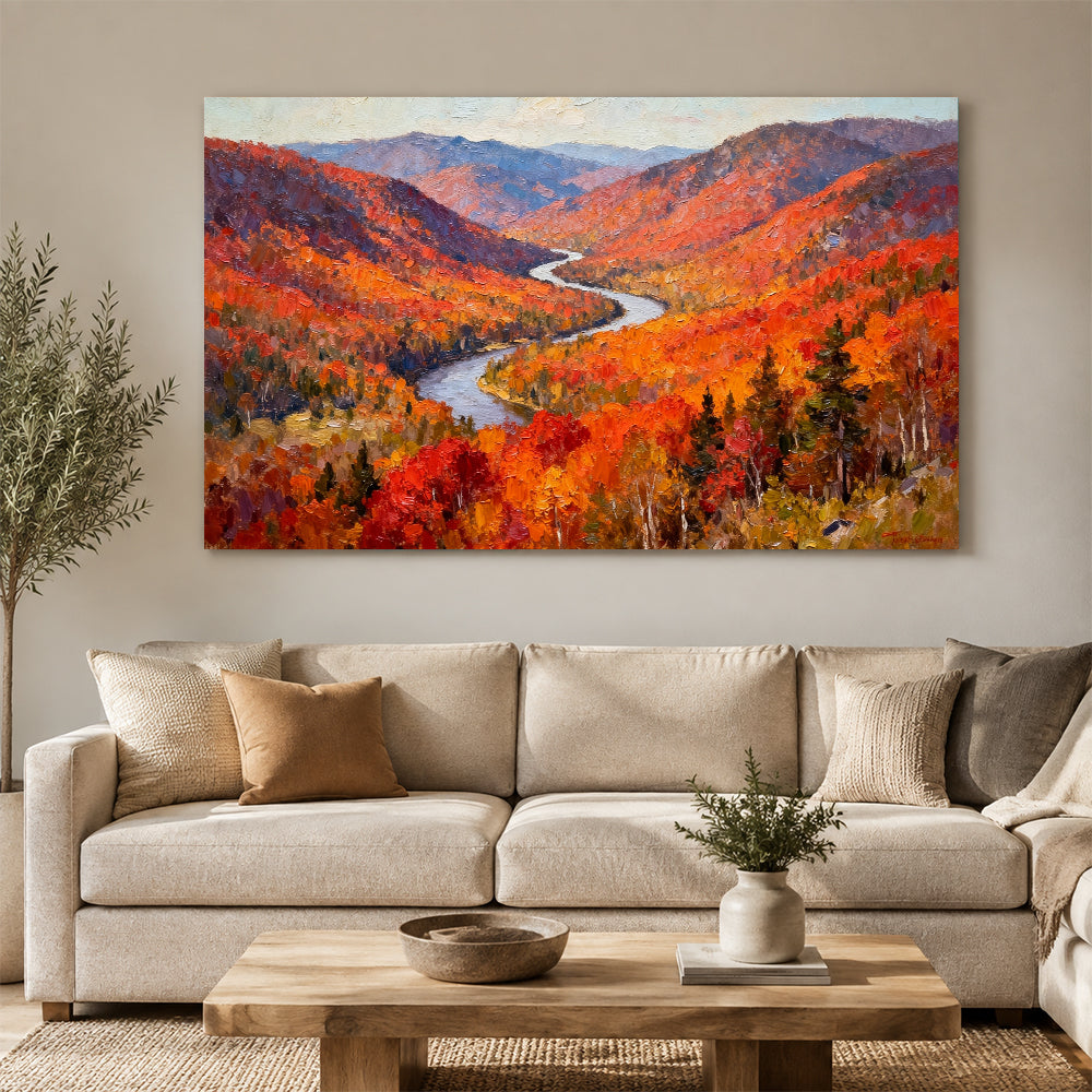 Crimson Woodland River canvas wall art, living room mockup above a sofa.