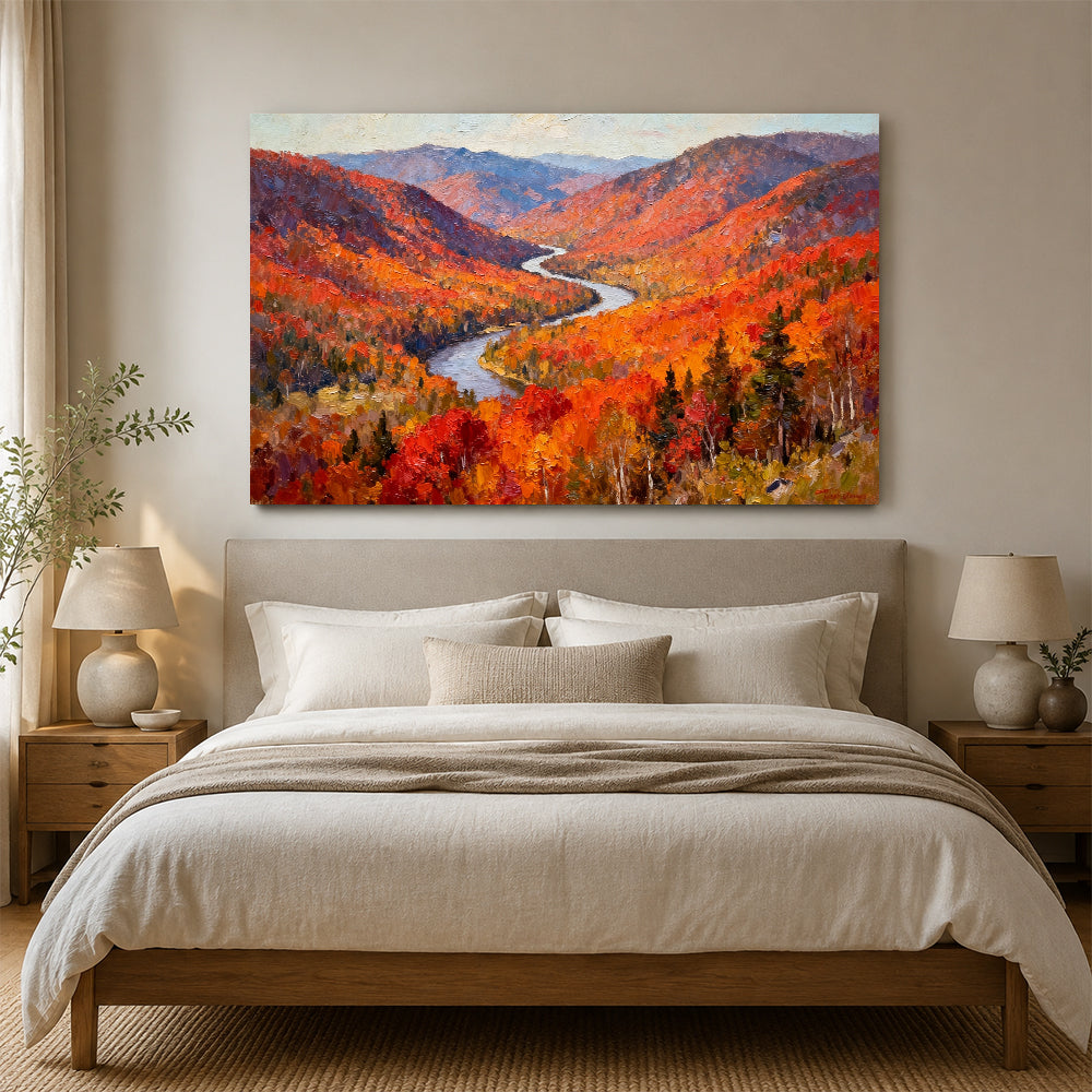 Crimson Woodland River canvas wall art, bedroom mockup above a bed.