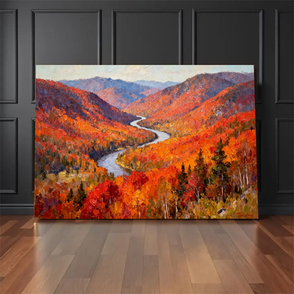 Crimson Woodland River canvas wall art, floor display against a dark wall.