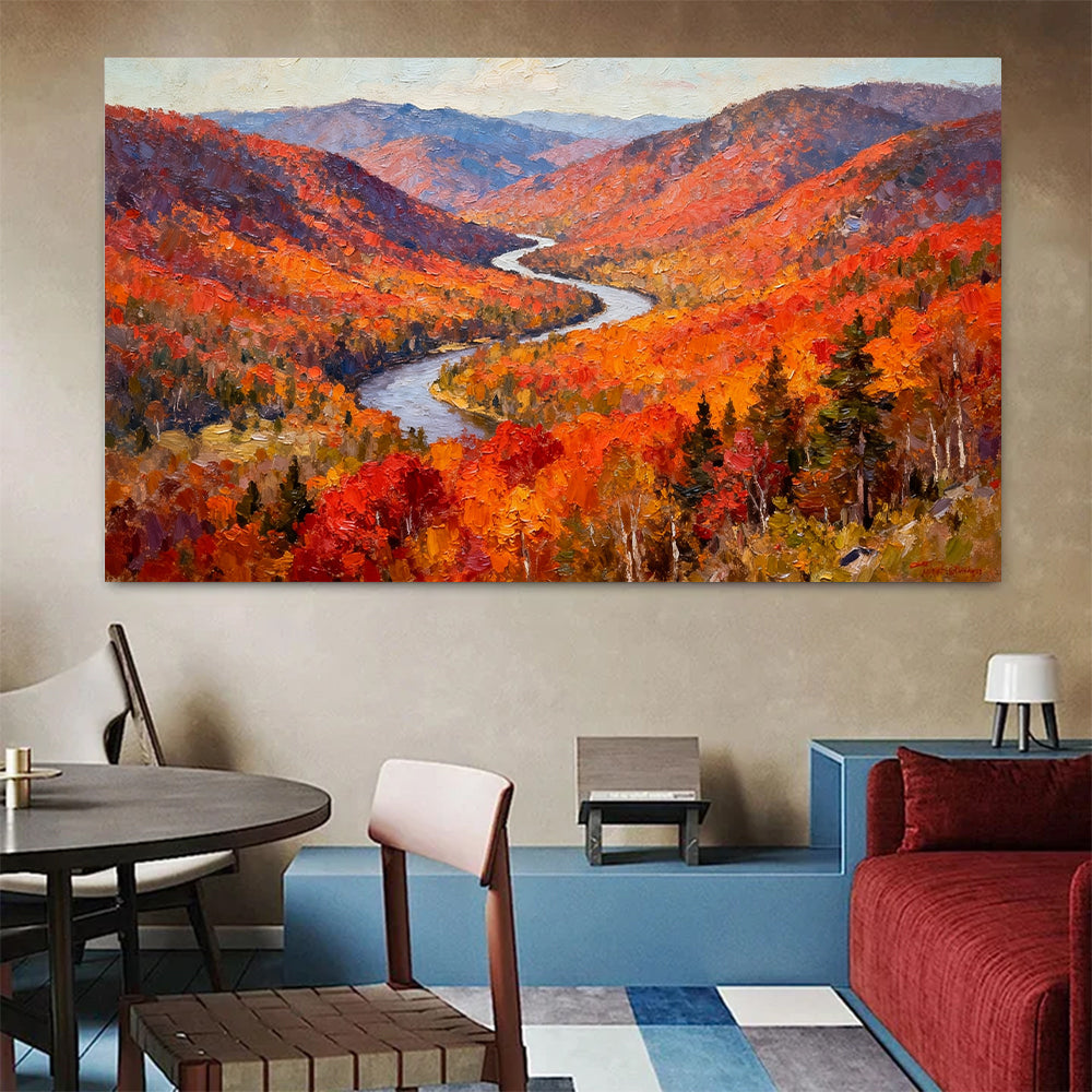 Crimson Woodland River canvas wall art, colorful room mockup.