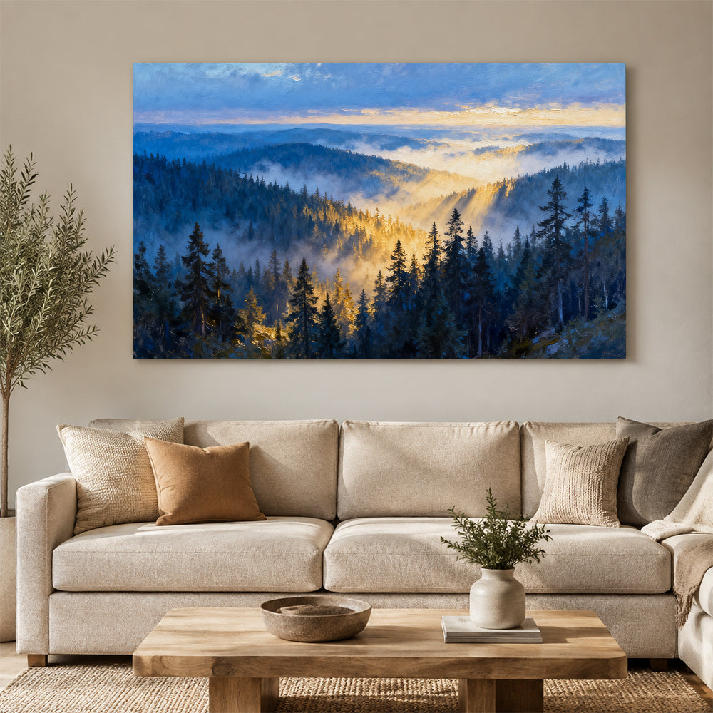 Morning Mist Canopy canvas wall art, living room mockup above a sofa.