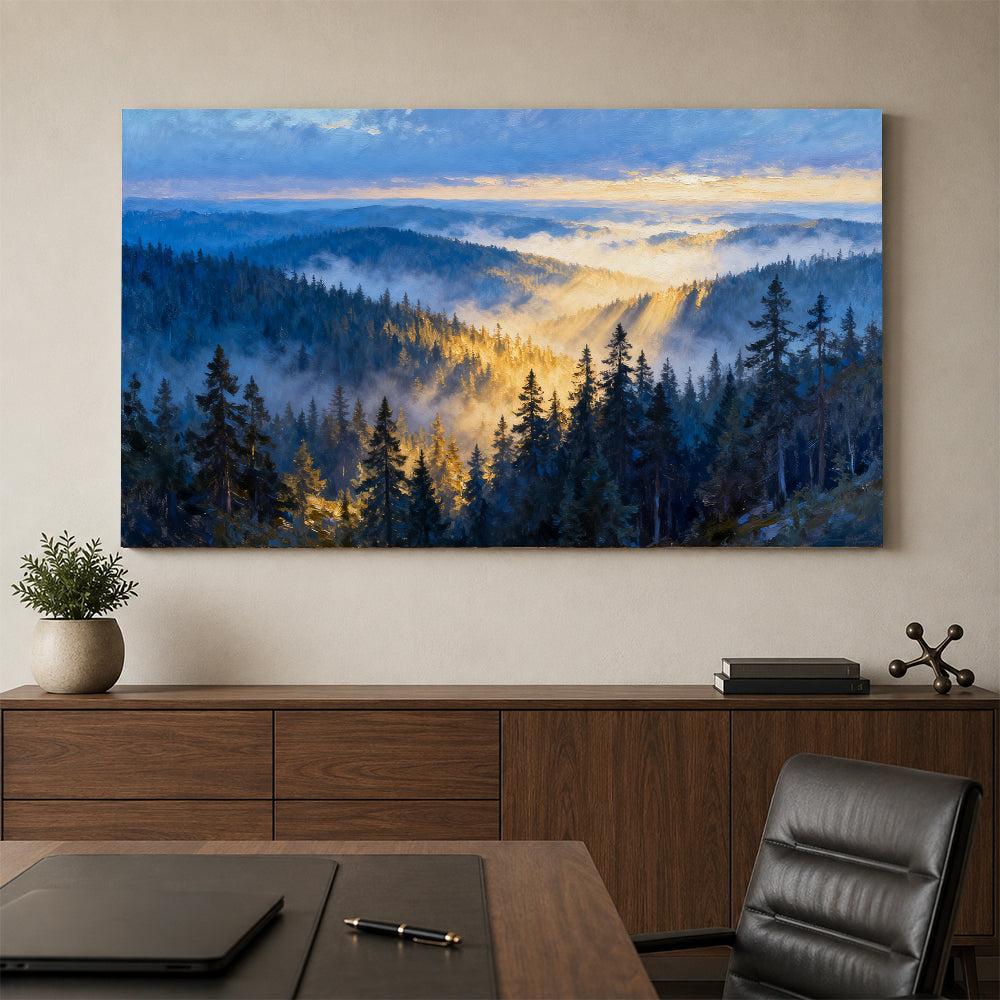 Morning Mist Canopy canvas wall art, office mockup above a desk.