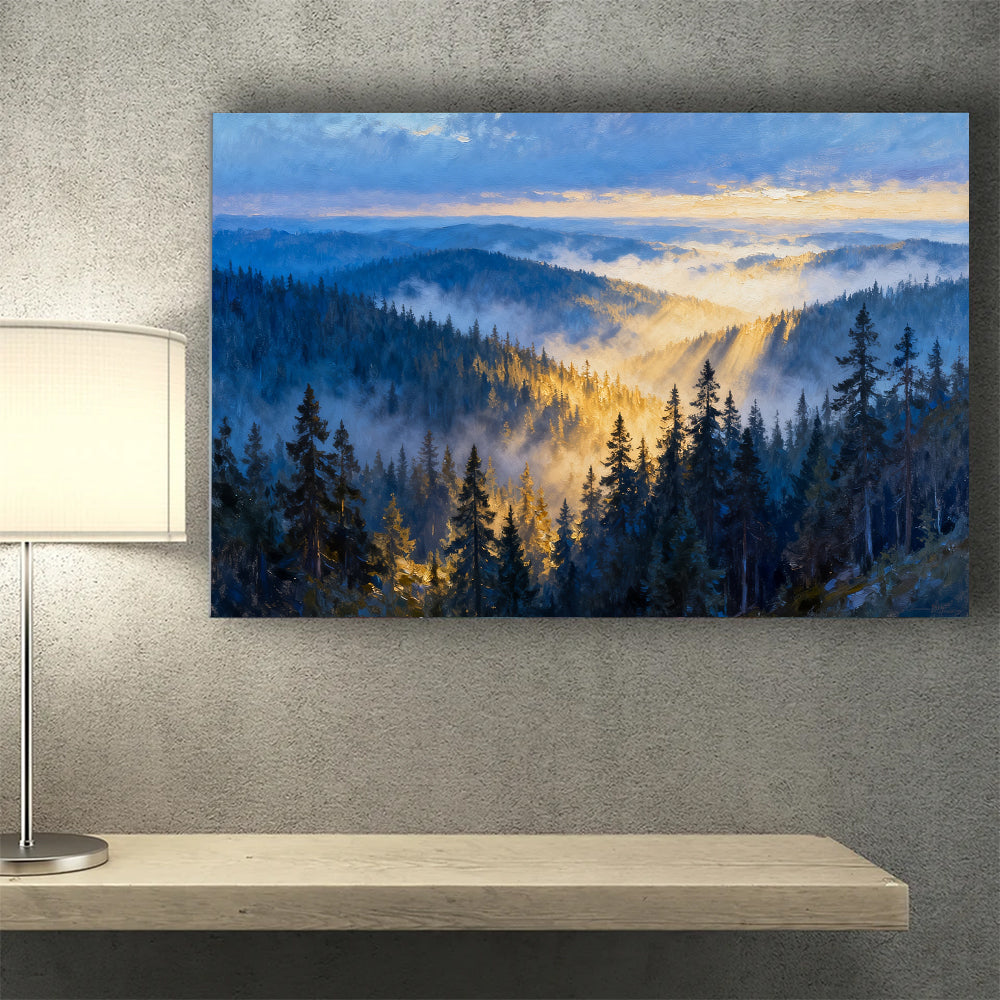 Morning Mist Canopy canvas wall art, wall mockup above a console.