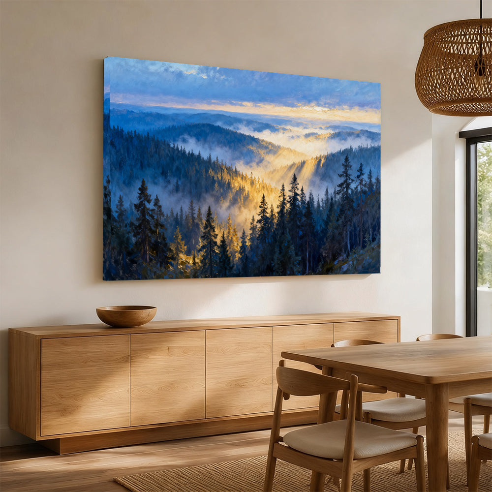 Morning Mist Canopy canvas wall art, angled mockup above a sideboard.
