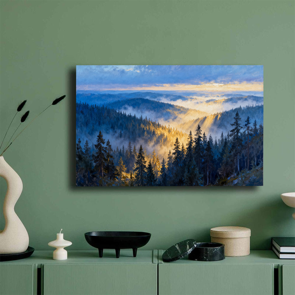 Morning Mist Canopy canvas wall art, mockup on a green wall.