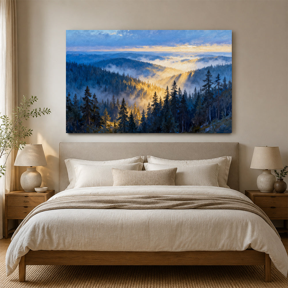 Morning Mist Canopy canvas wall art, bedroom mockup above a bed.