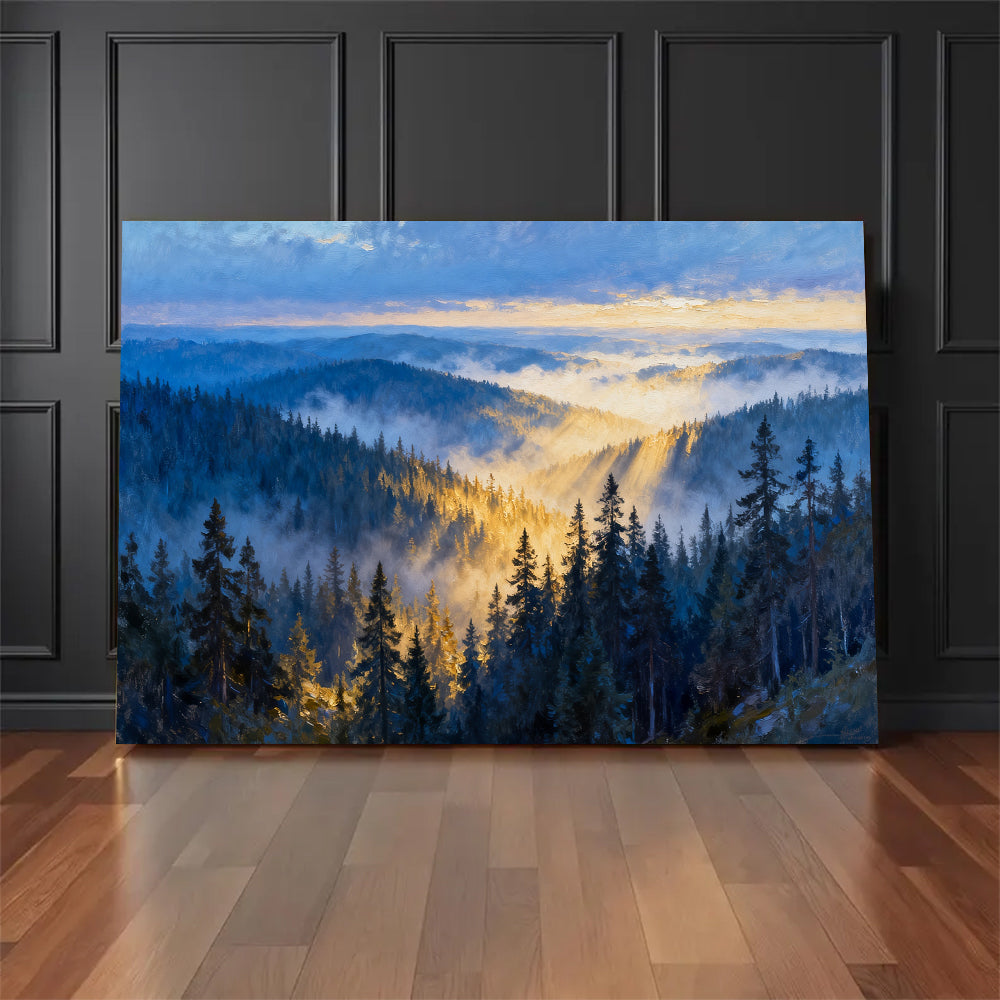 Morning Mist Canopy canvas wall art, floor display against a dark wall.