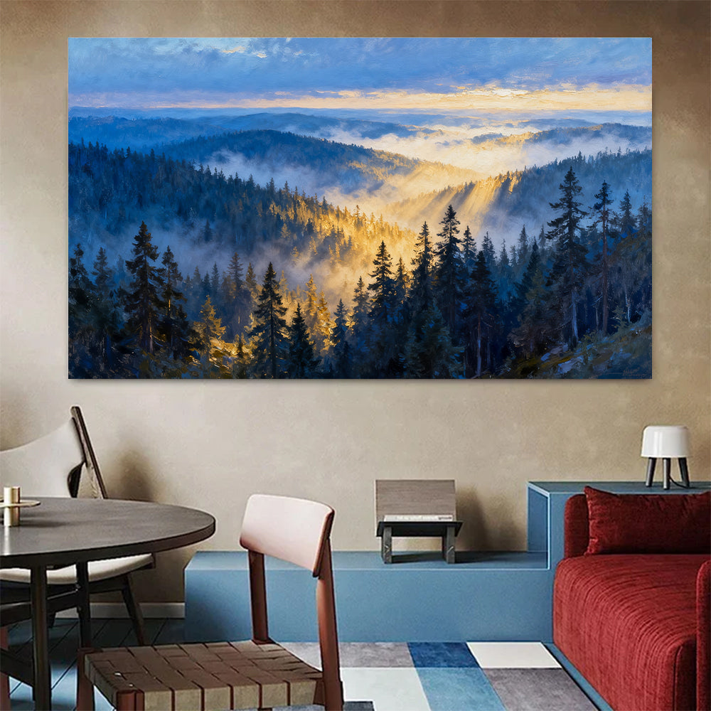Morning Mist Canopy canvas wall art, colorful room mockup.