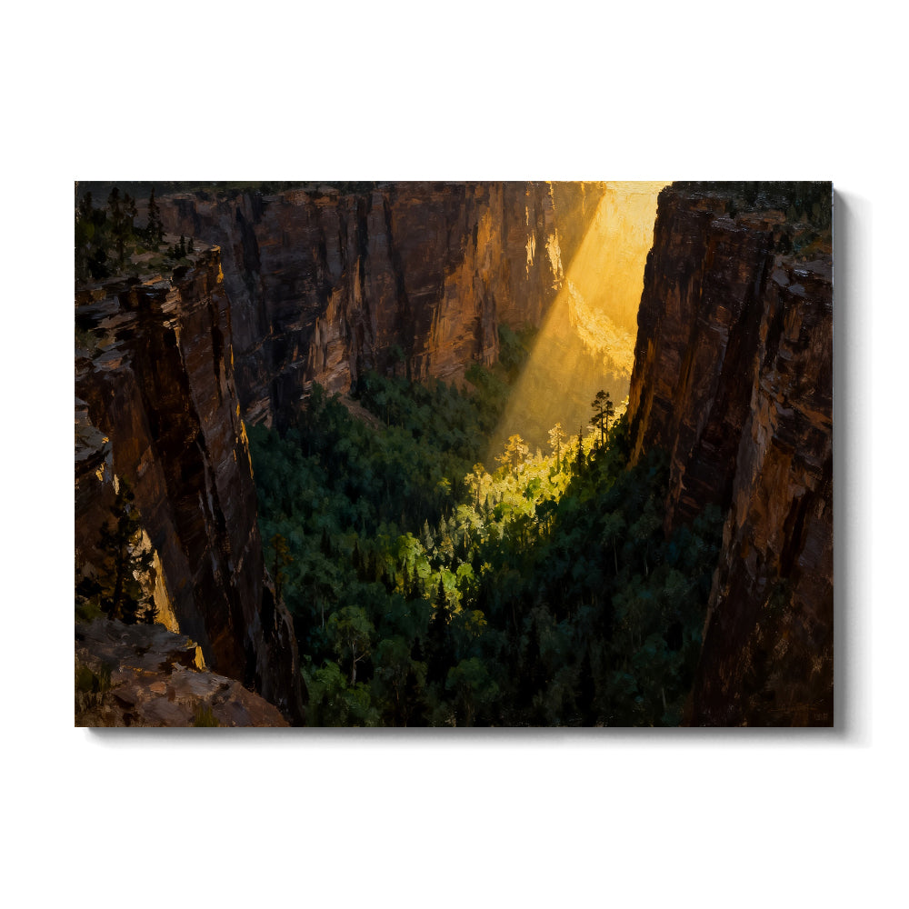 Sunbeam Forest Gorge canvas wall art, front view on a white background.