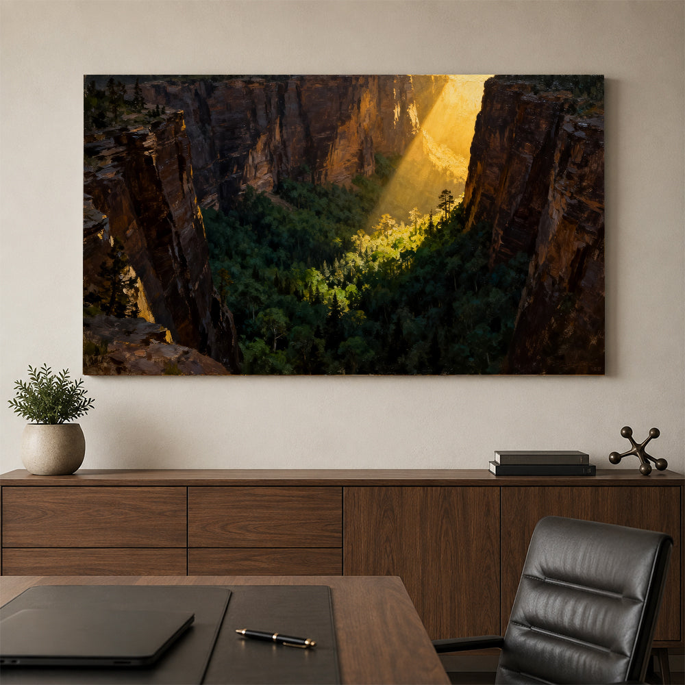 Sunbeam Forest Gorge canvas wall art, office mockup above a desk.