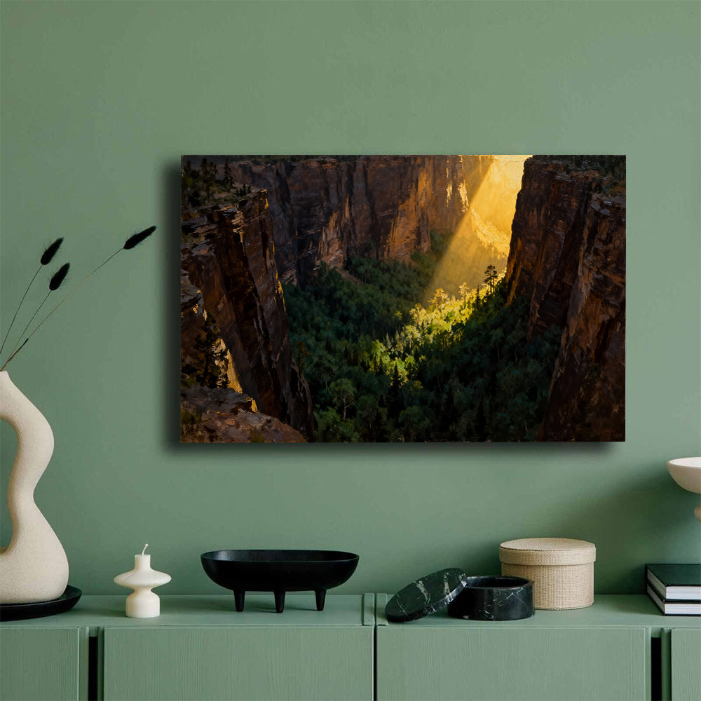 Sunbeam Forest Gorge canvas wall art, mockup on a green wall.