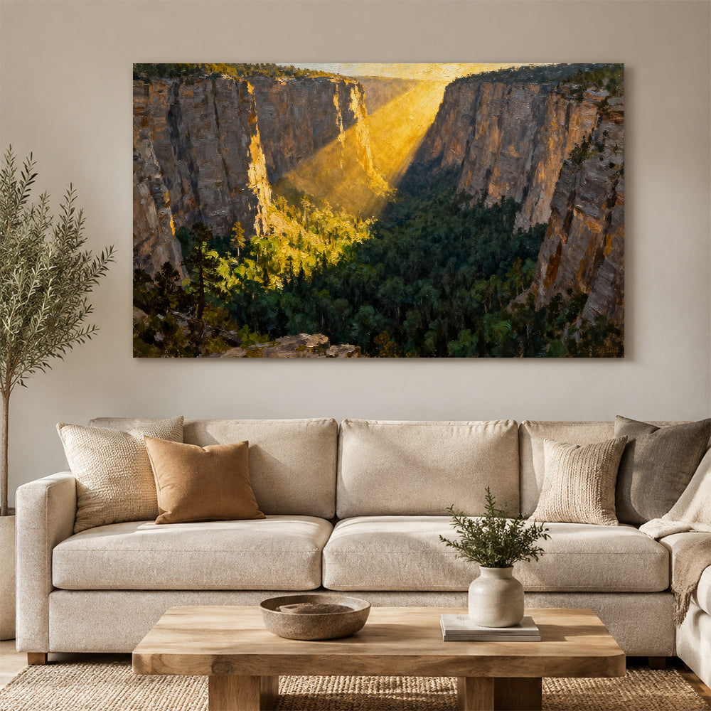 Golden Canyon Light canvas wall art, living room mockup above a sofa.