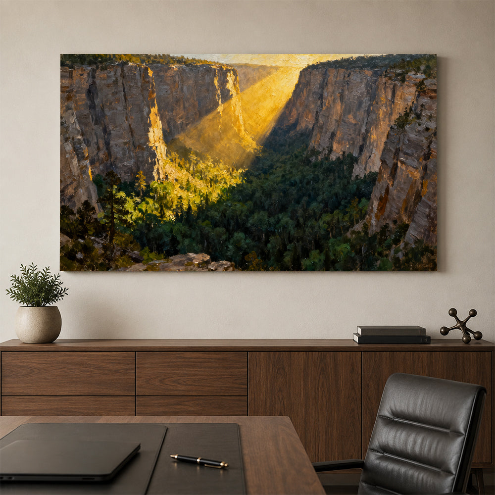 Golden Canyon Light canvas wall art, office mockup above a desk.