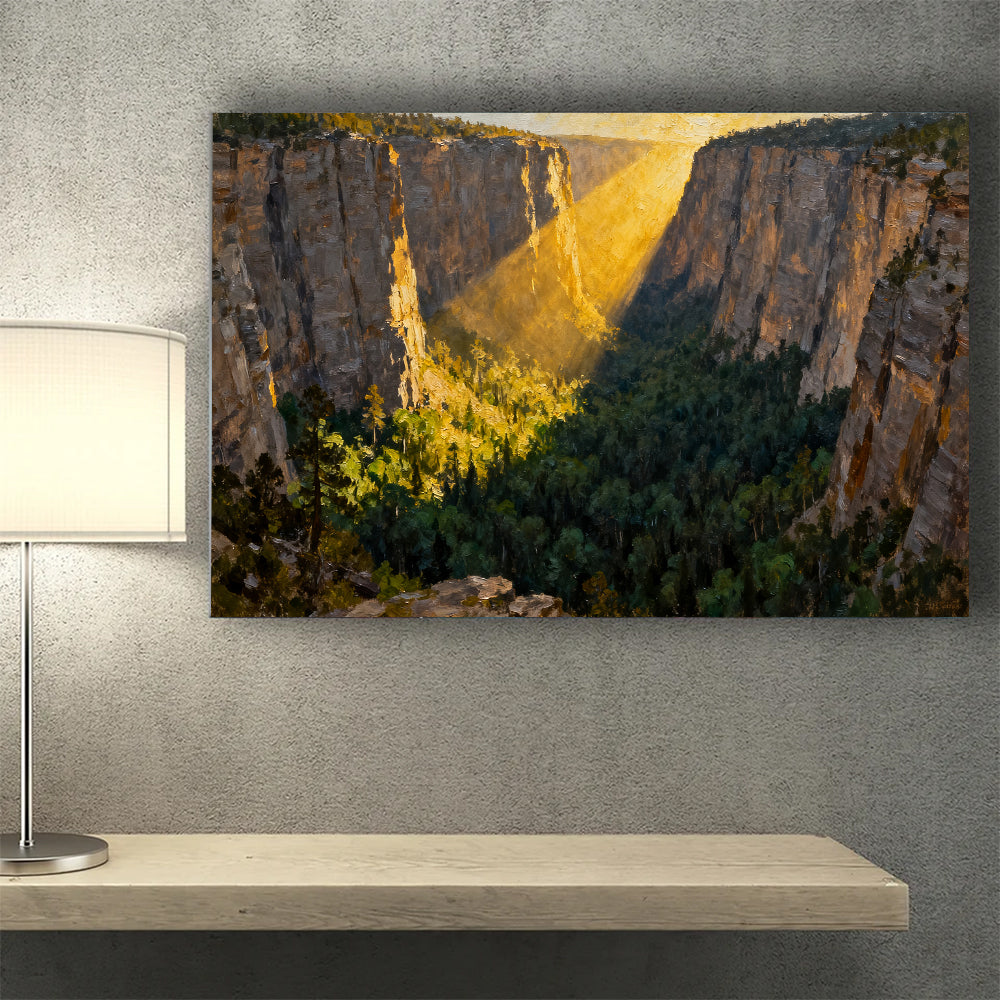 Golden Canyon Light canvas wall art, wall mockup above a console.
