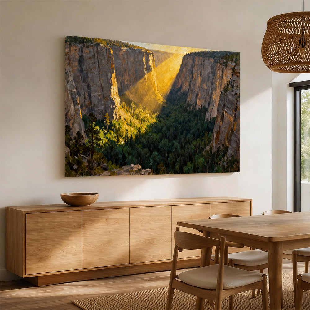 Golden Canyon Light canvas wall art, angled mockup above a sideboard.