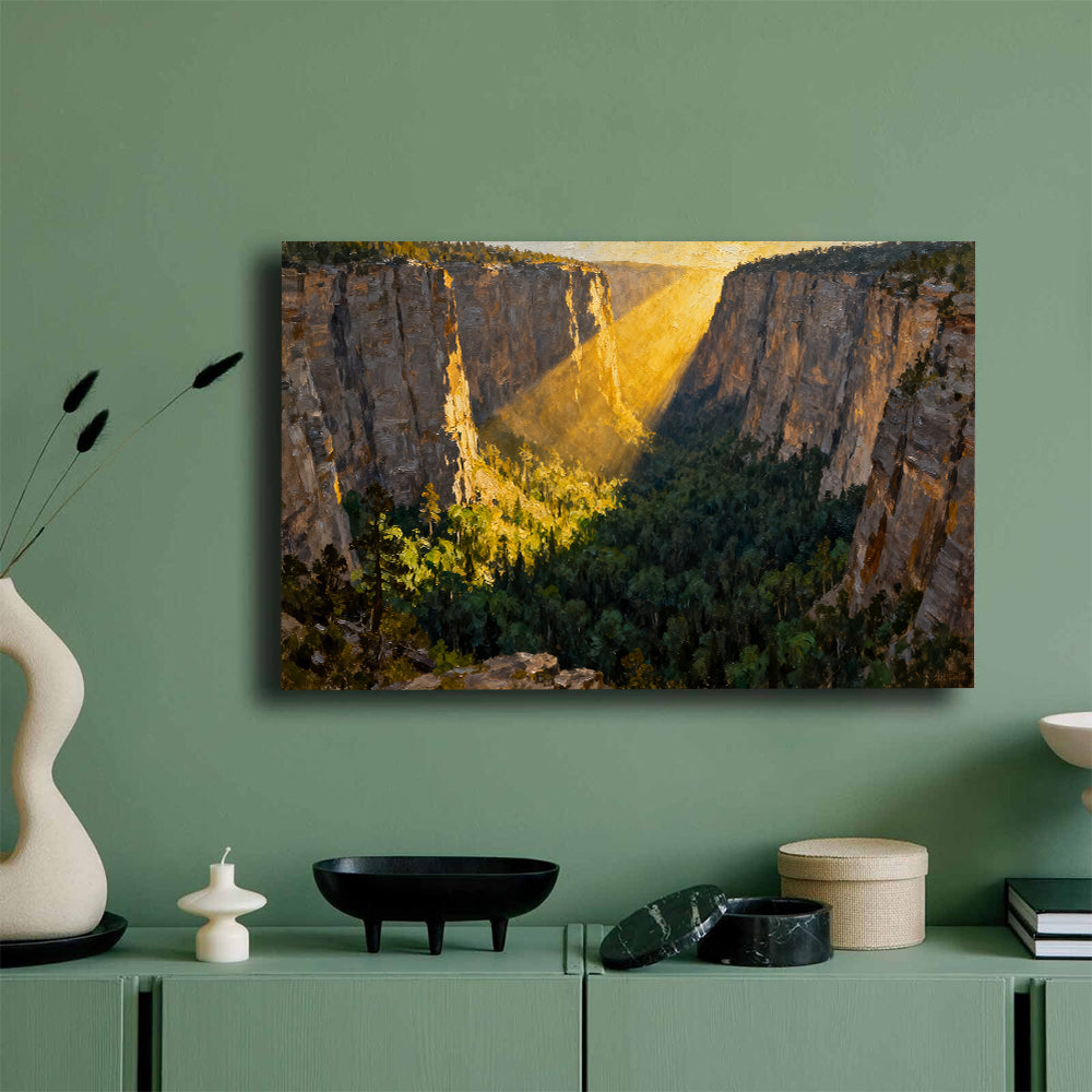 Golden Canyon Light canvas wall art, mockup on a green wall.