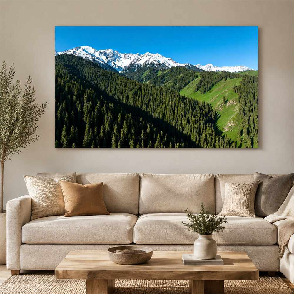 Alpine Forest Skyline canvas wall art, living room mockup above a sofa.