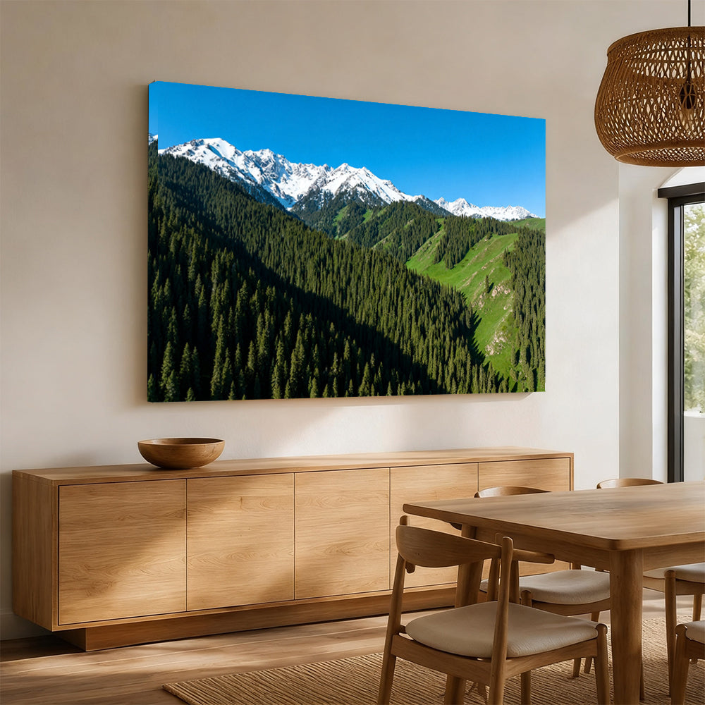 Alpine Forest Skyline canvas wall art, angled mockup above a sideboard.