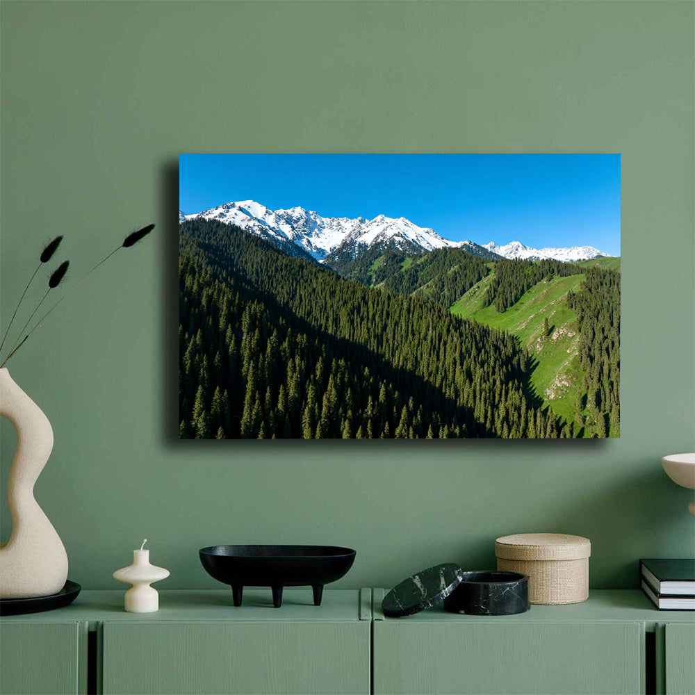 Alpine Forest Skyline canvas wall art, mockup on a green wall.