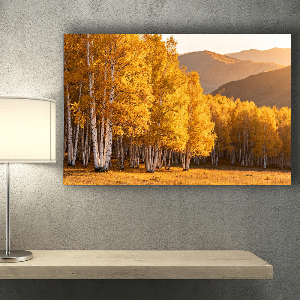 Golden Birch Grove canvas wall art, wall mockup above a console.