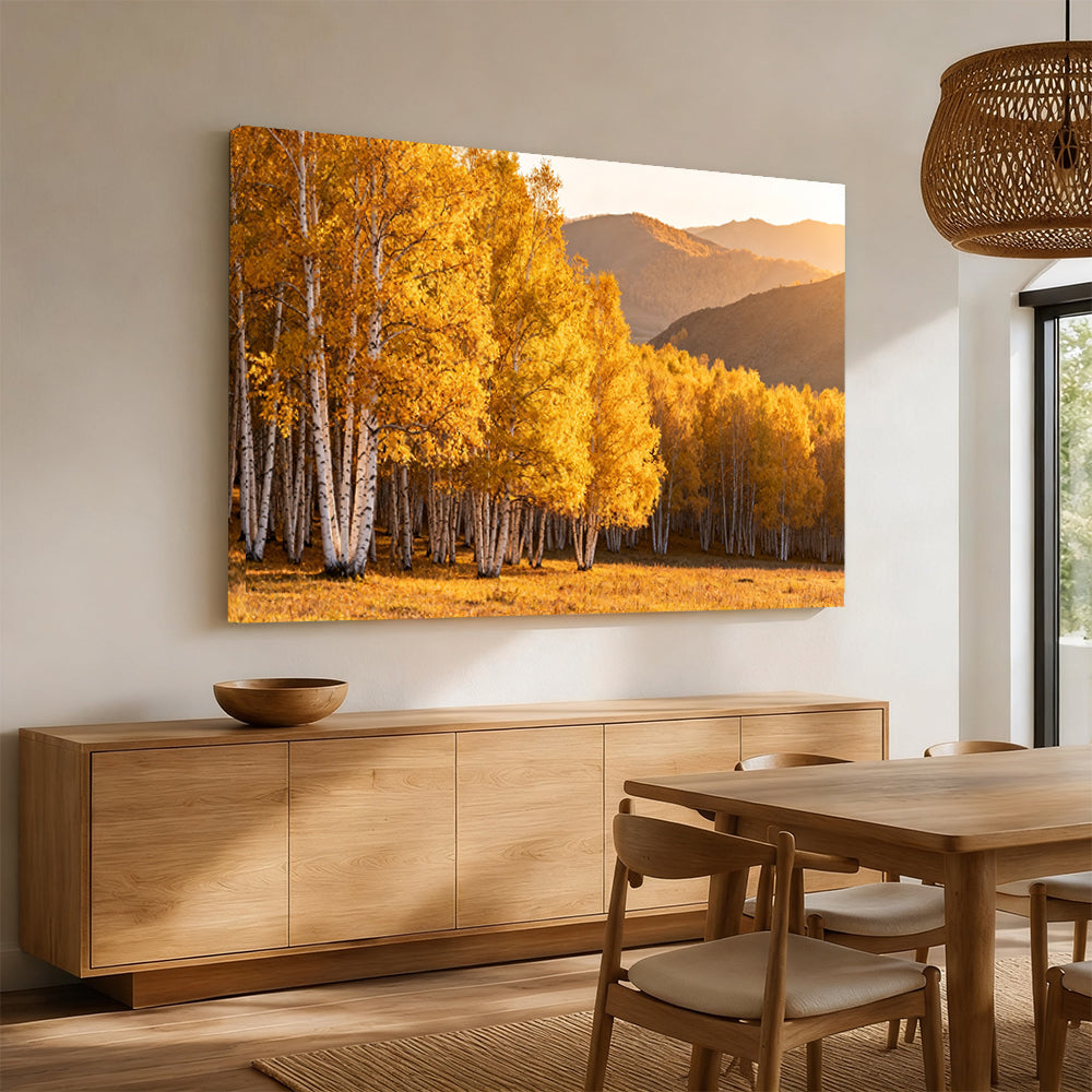 Golden Birch Grove canvas wall art, angled mockup above a sideboard.