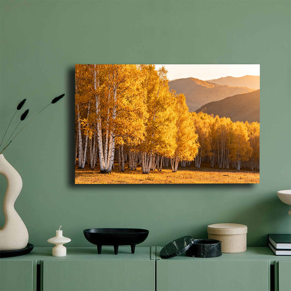 Golden Birch Grove canvas wall art, mockup on a green wall.