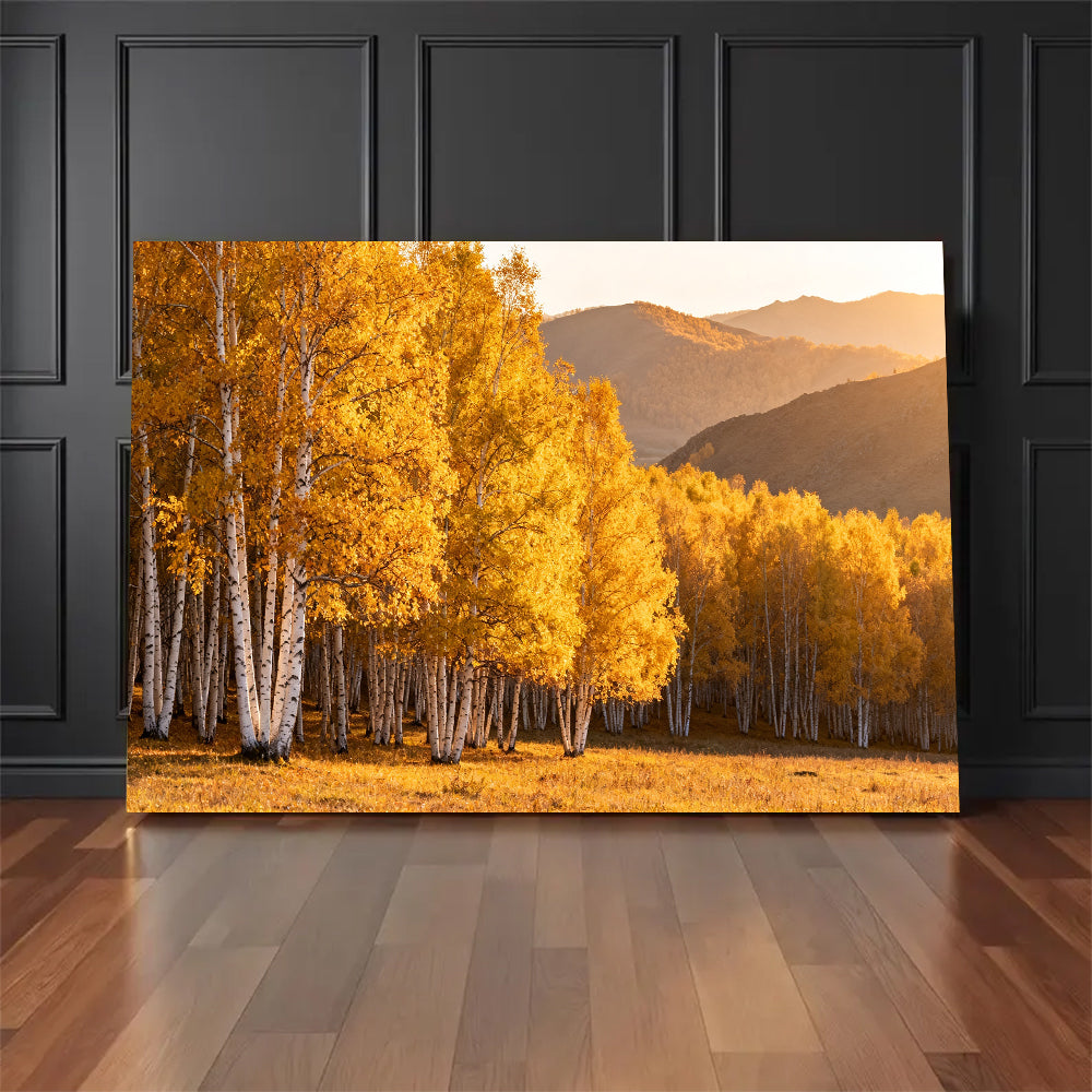 Golden Birch Grove canvas wall art, floor display against a dark wall.