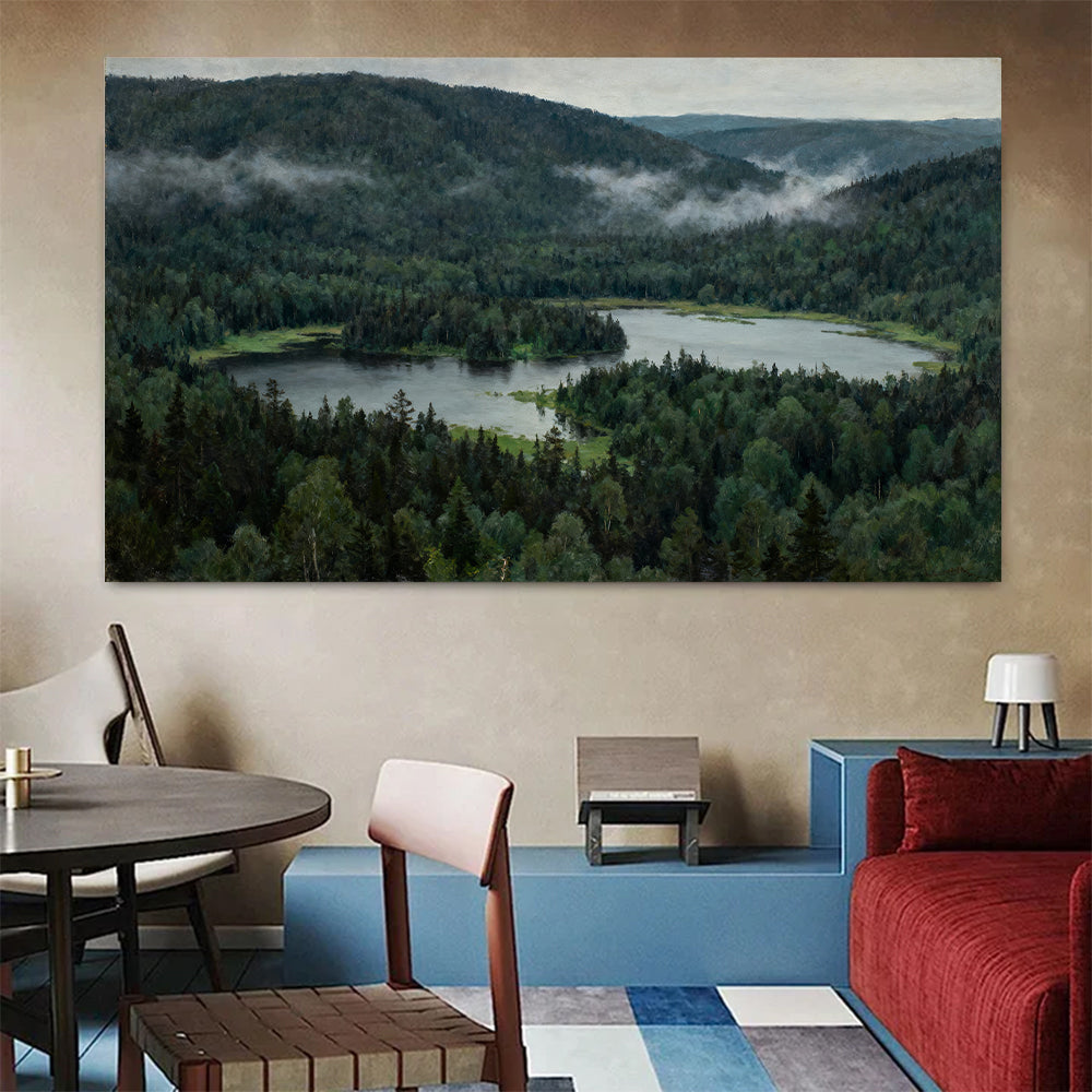 Woodland Lake Overlook canvas wall art, colorful room mockup.