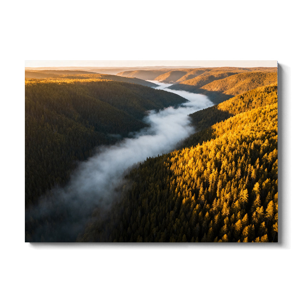 Autumn Valley Fog canvas wall art, front view on a white background.