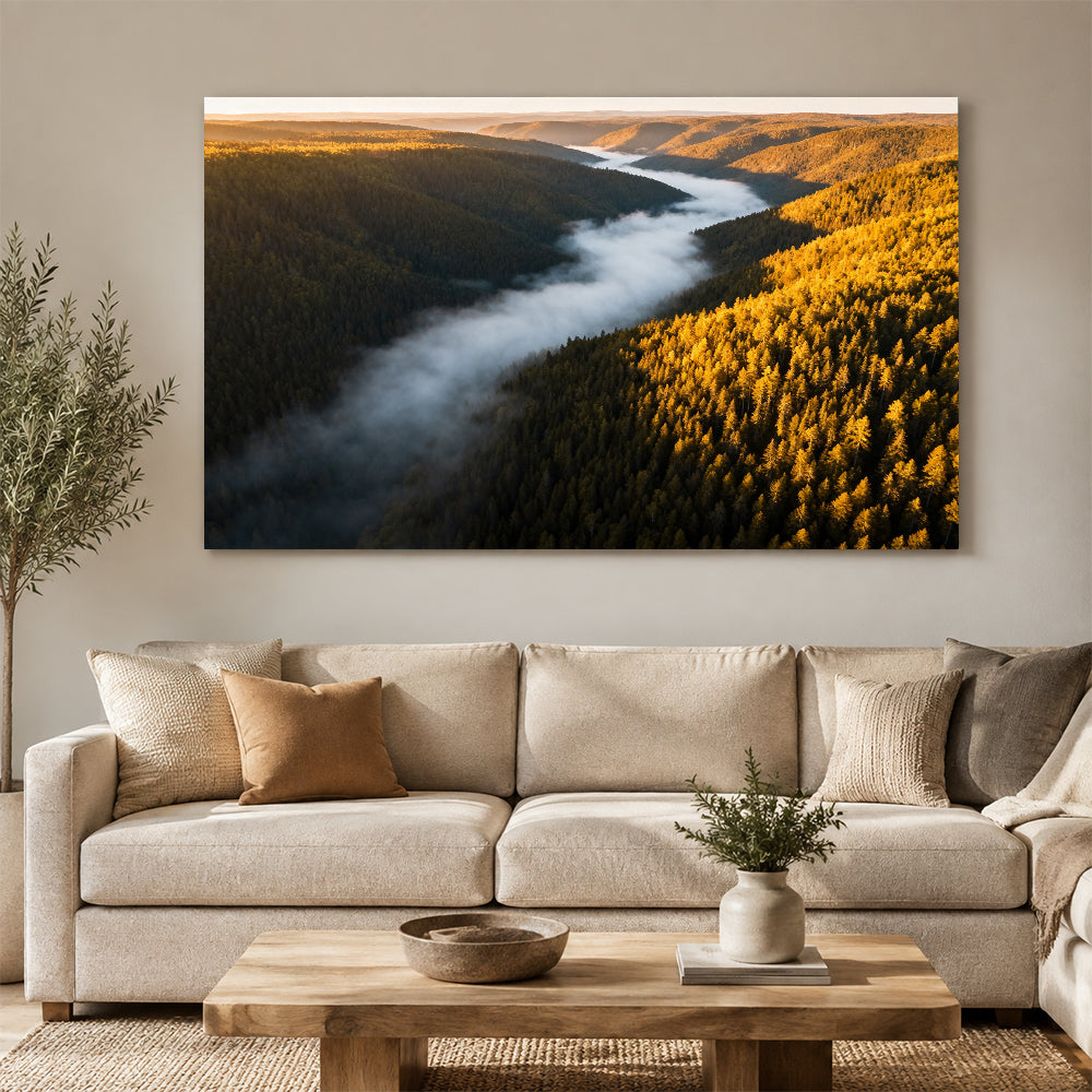 Autumn Valley Fog canvas wall art, living room mockup above a sofa.