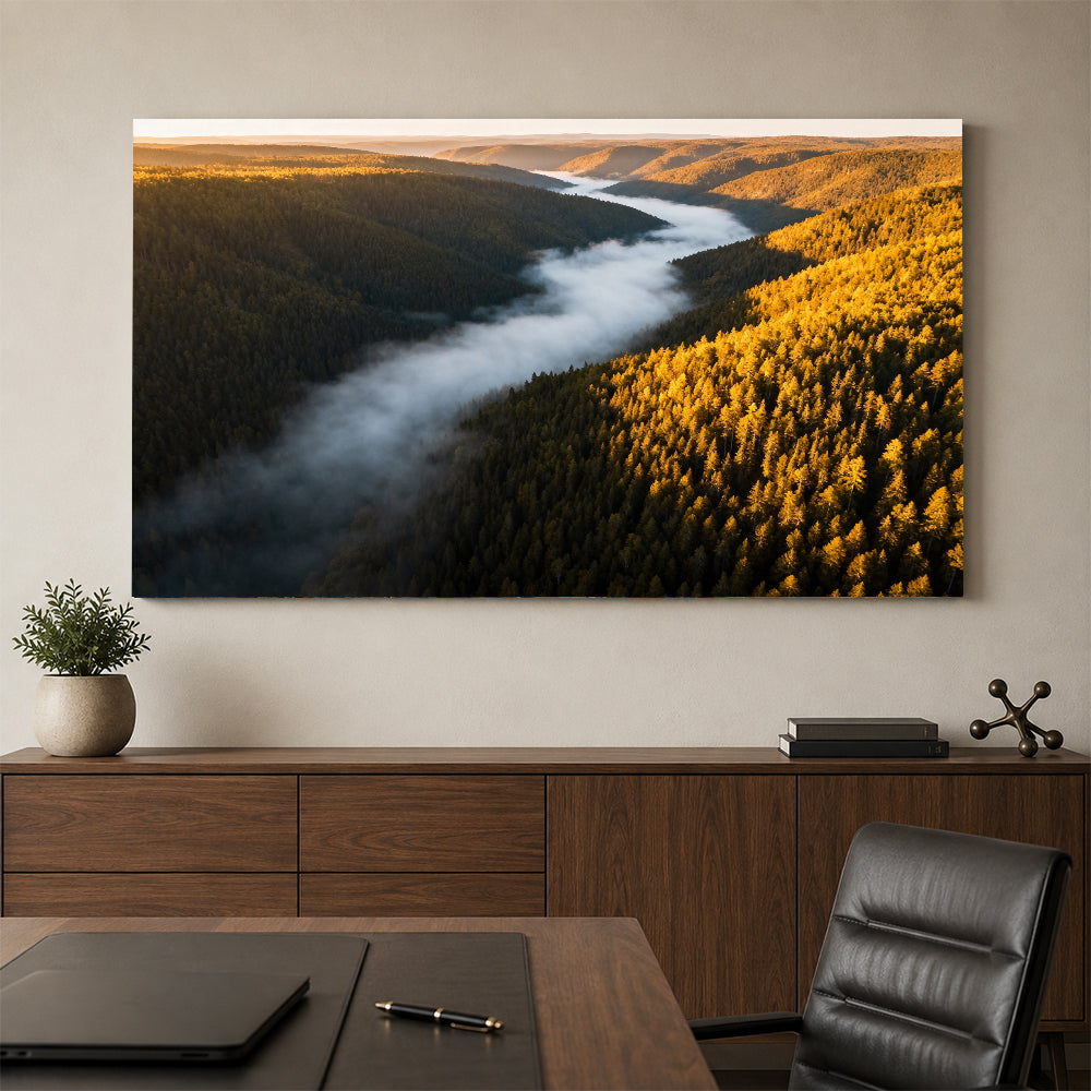 Autumn Valley Fog canvas wall art, office mockup above a desk.