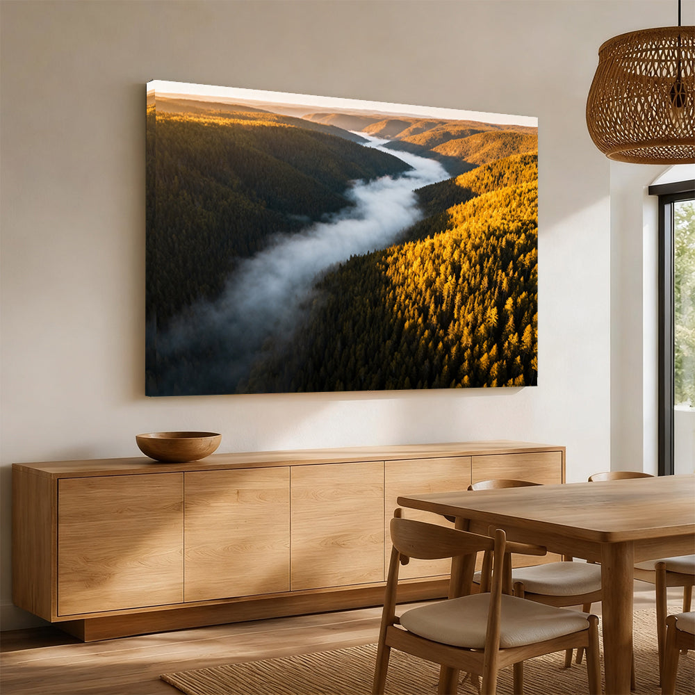 Autumn Valley Fog canvas wall art, angled mockup above a sideboard.