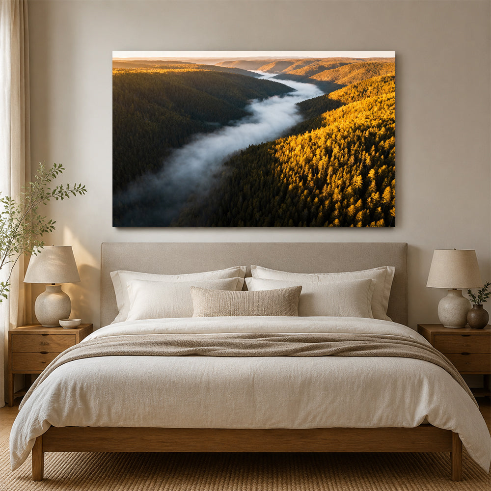 Autumn Valley Fog canvas wall art, bedroom mockup above a bed.