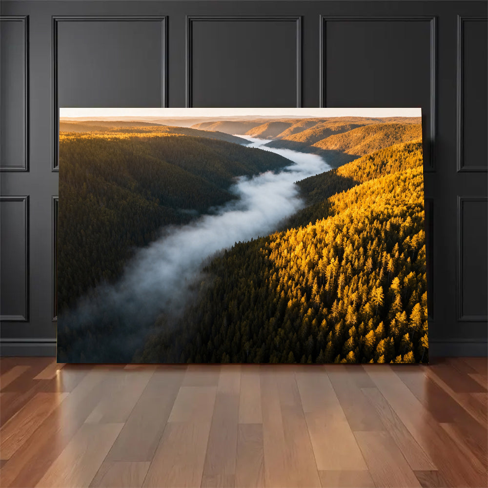Autumn Valley Fog canvas wall art, floor display against a dark wall.