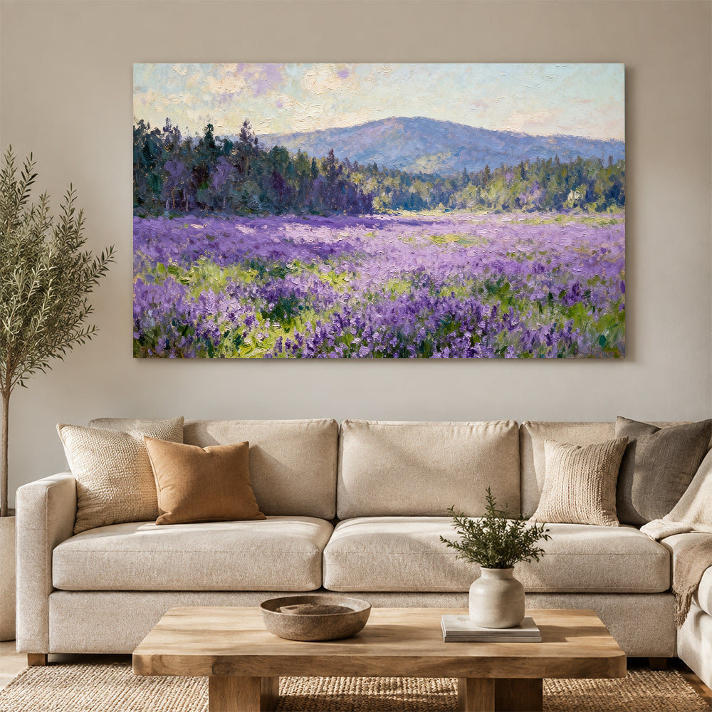 Violet Meadow Hills canvas wall art, living room mockup above a sofa.