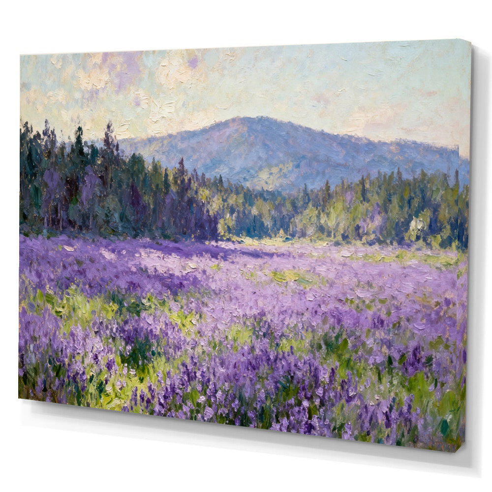 Violet Meadow Hills canvas wall art, angled canvas mockup on a white background.
