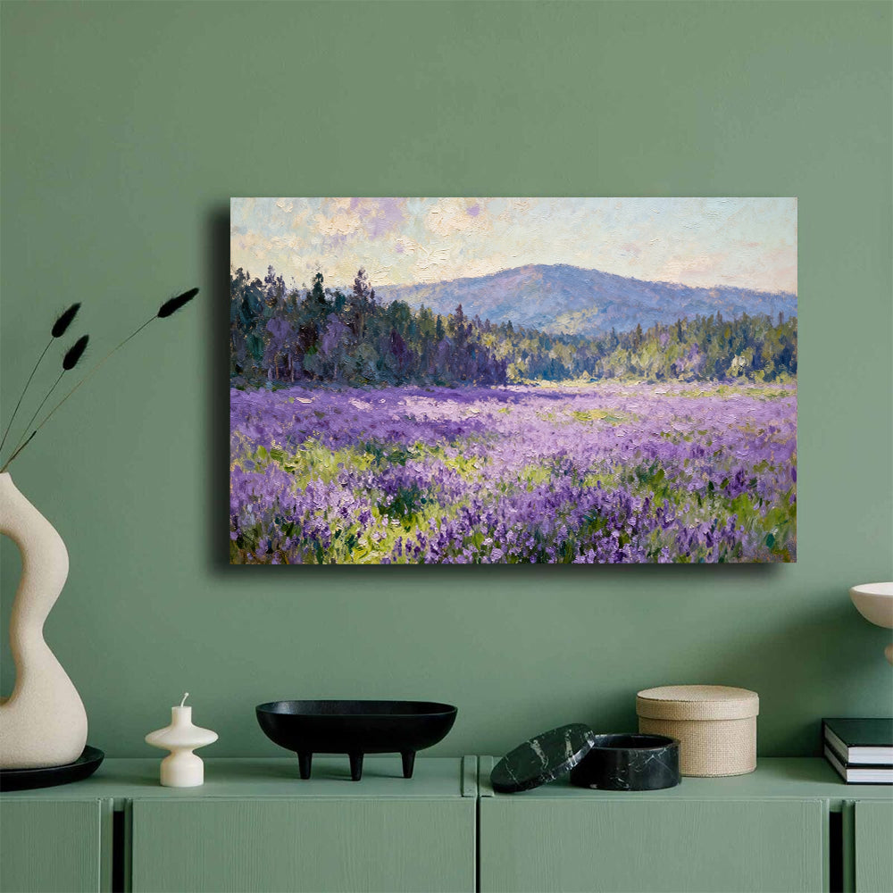 Violet Meadow Hills canvas wall art, mockup on a green wall.