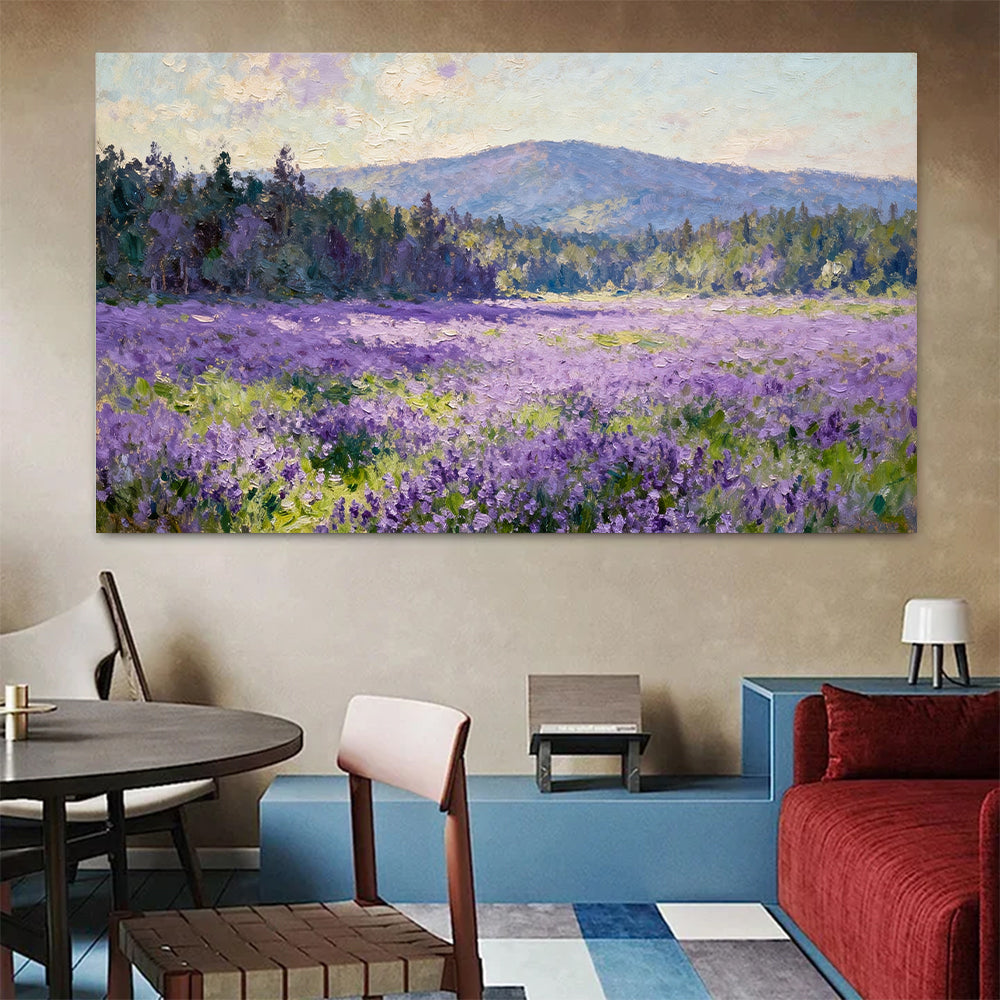 Violet Meadow Hills canvas wall art, colorful room mockup.