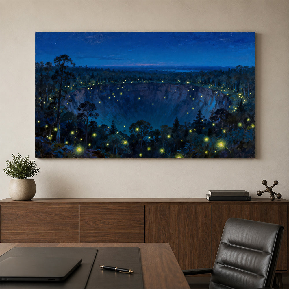 Firefly Forest Night canvas wall art, office mockup above a desk.