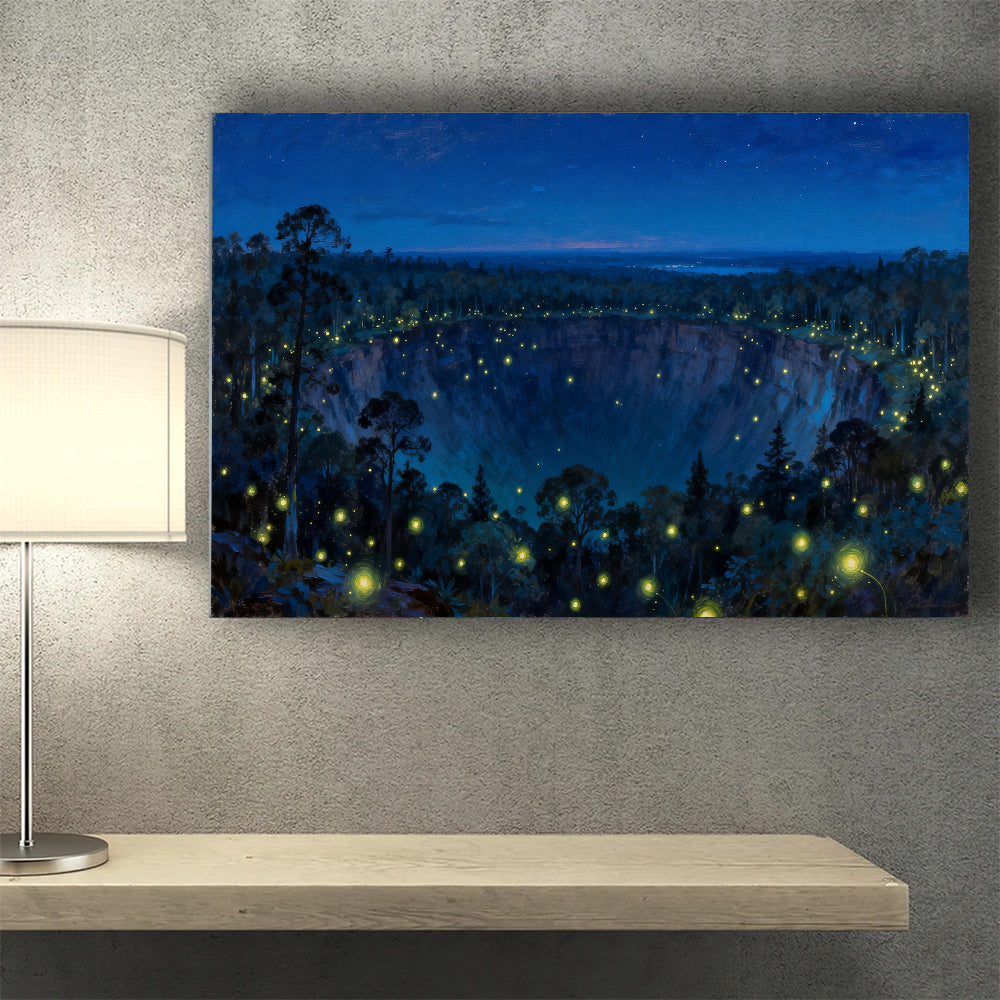 Firefly Forest Night canvas wall art, wall mockup above a console.