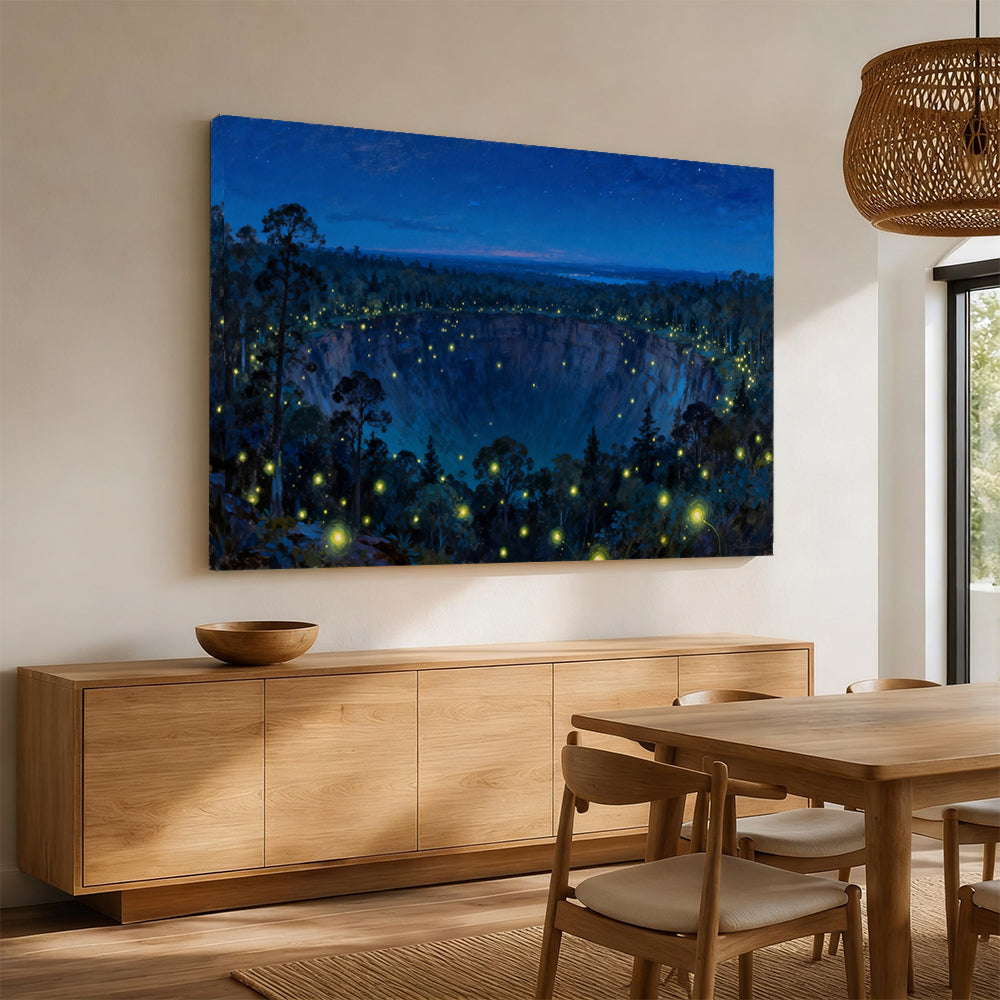 Firefly Forest Night canvas wall art, angled mockup above a sideboard.