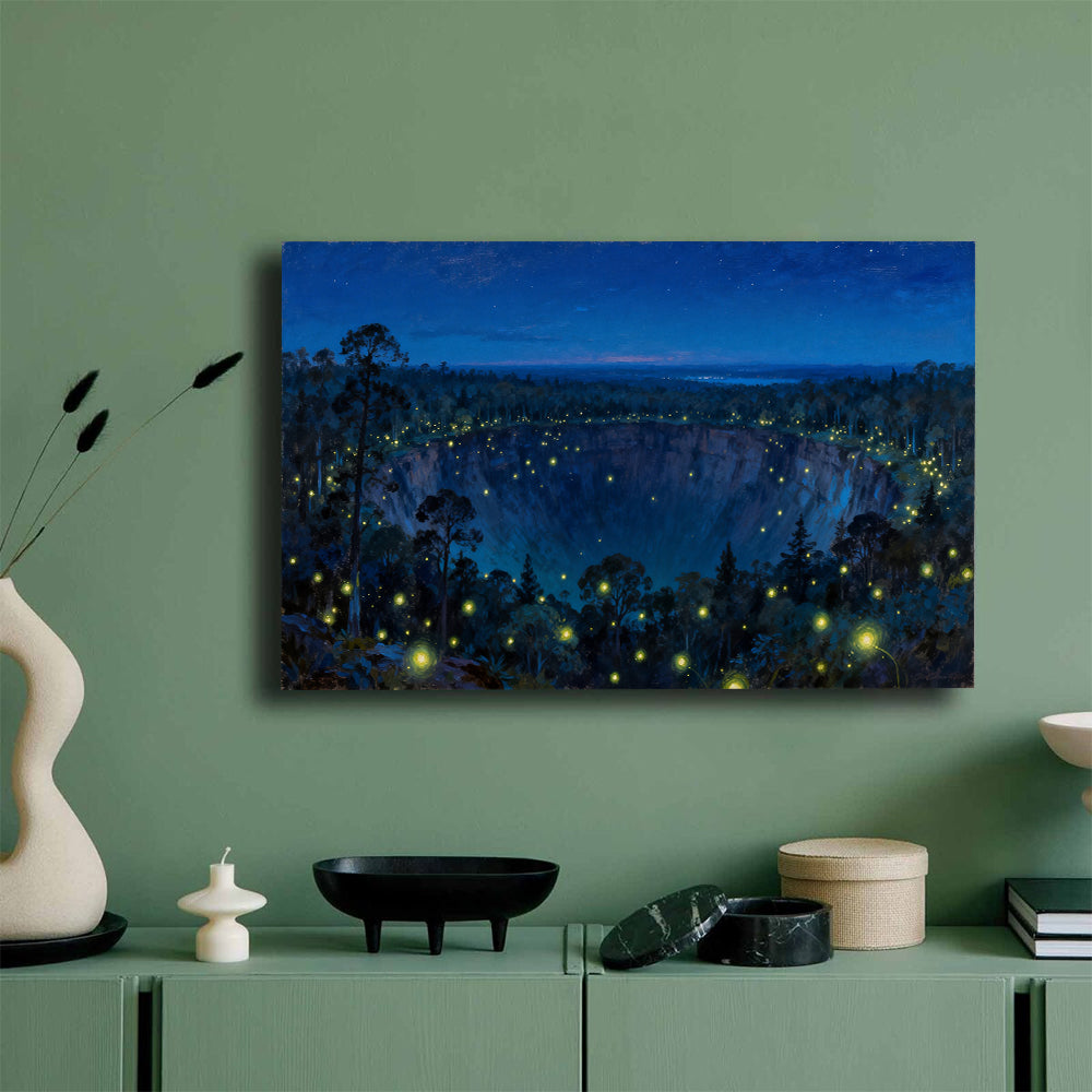 Firefly Forest Night canvas wall art, mockup on a green wall.