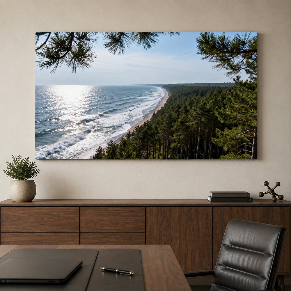 Pine Coast Vista canvas wall art, office mockup above a desk.