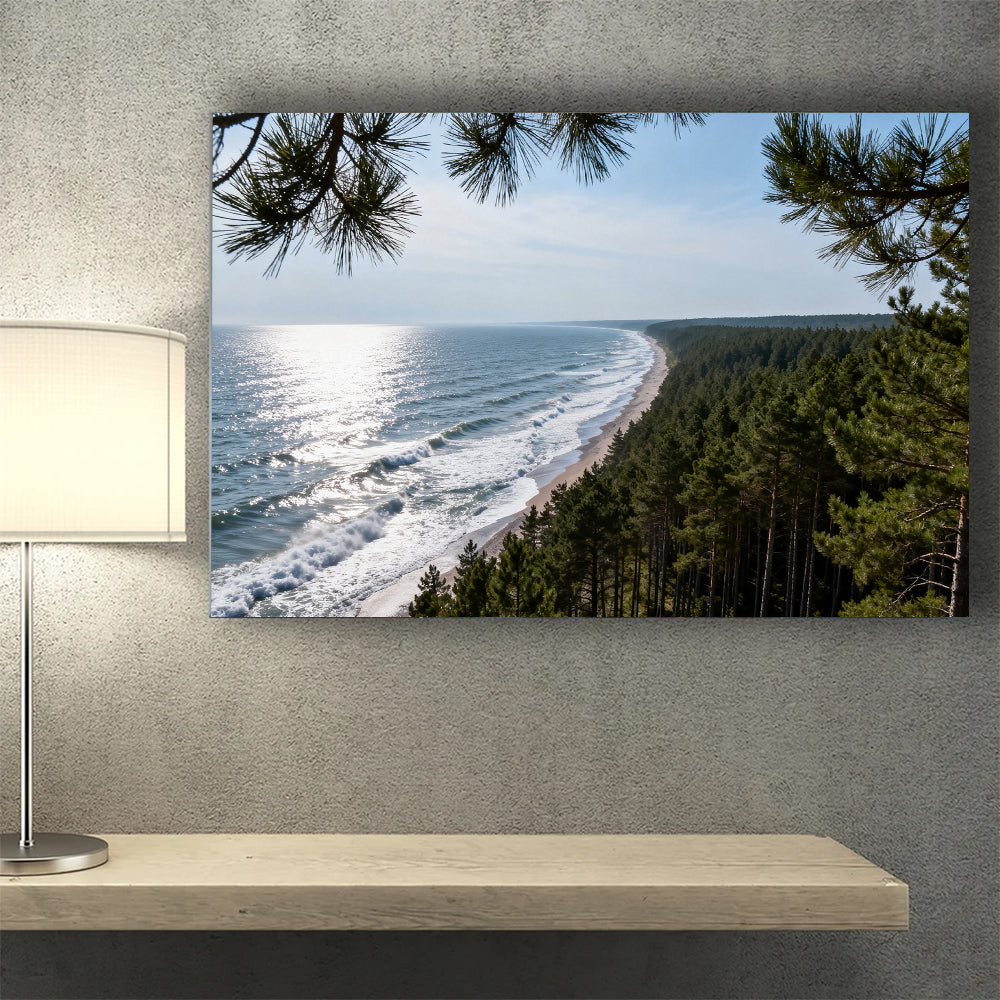 Pine Coast Vista canvas wall art, wall mockup above a console.