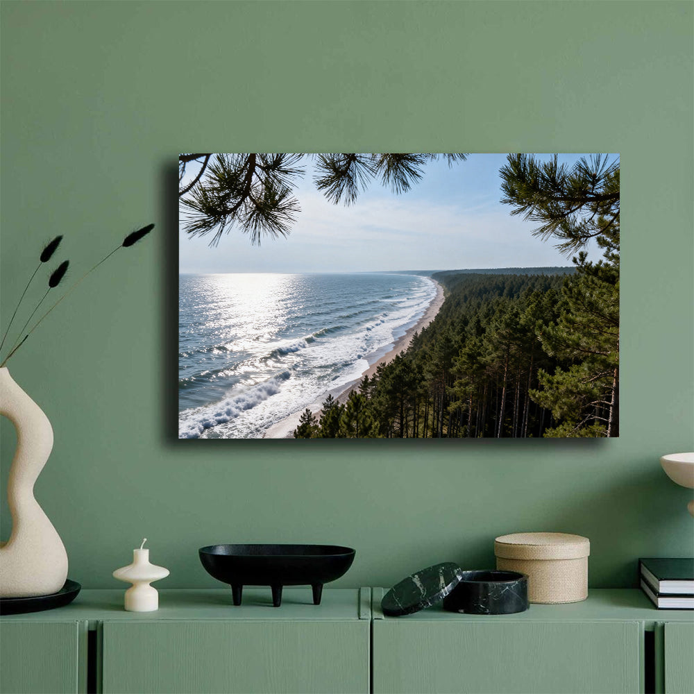 Pine Coast Vista canvas wall art, mockup on a green wall.